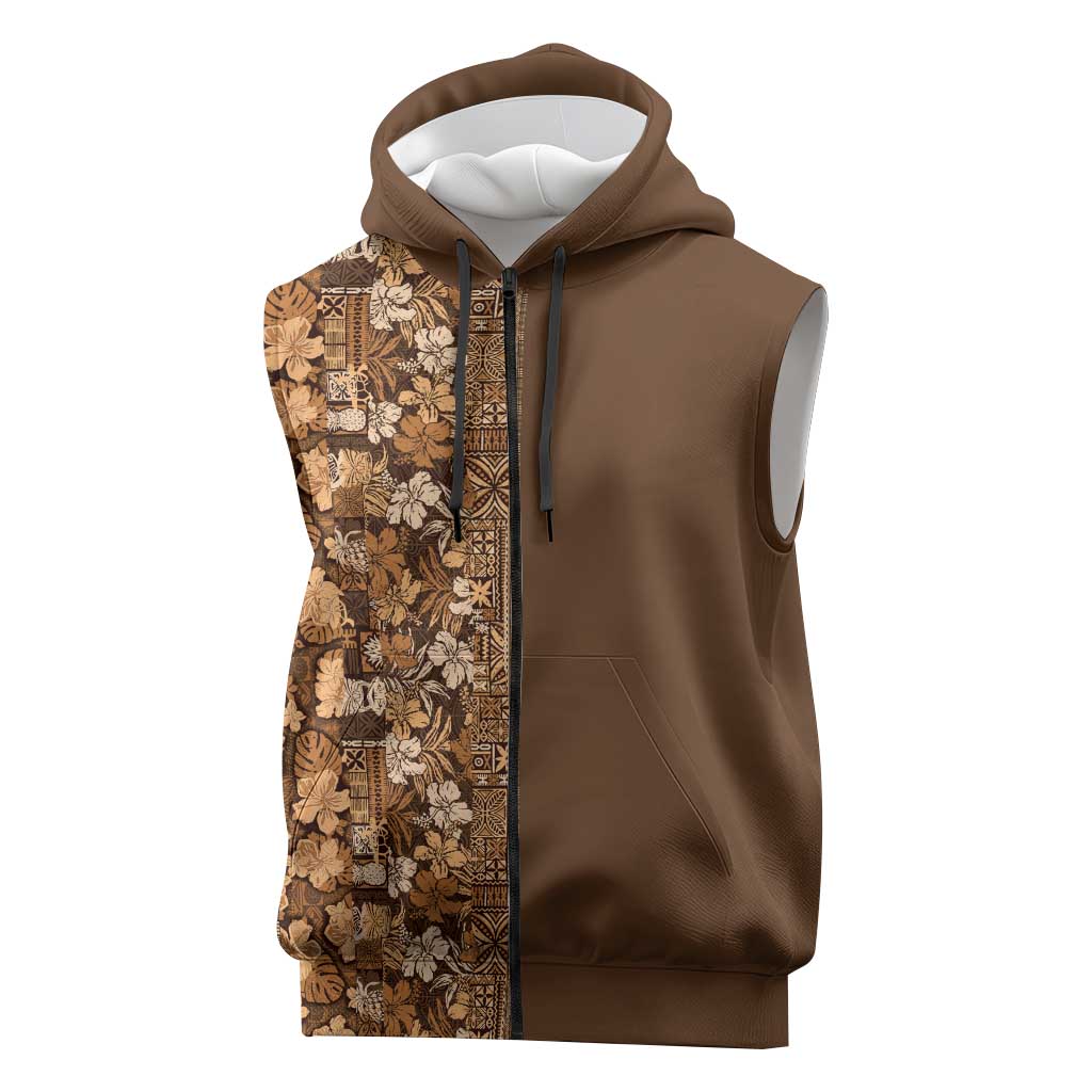 Hawaiian Tribal Elements Hibiscus Sleeveless Zip Hoodie Gold Pattern - Polynesian Pride