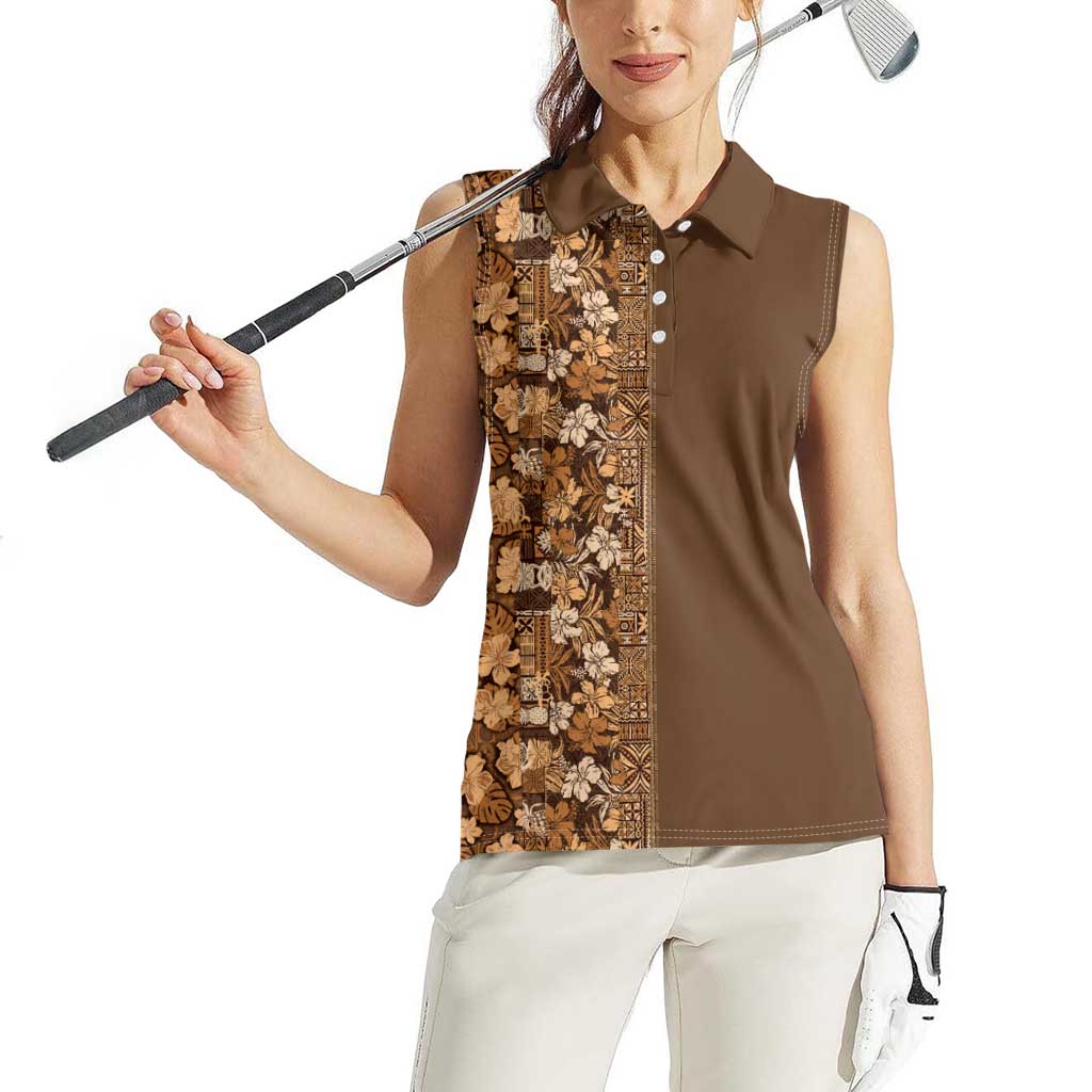 Hawaiian Tribal Elements Hibiscus Women Sleeveless Polo Shirt Gold Pattern - Polynesian Pride