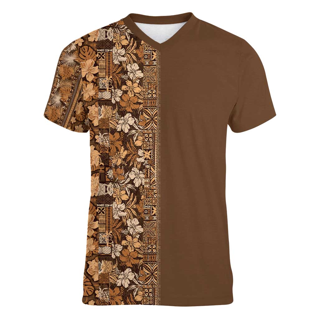 Hawaiian Tribal Elements Hibiscus Women V-Neck T-Shirt Gold Pattern - Polynesian Pride