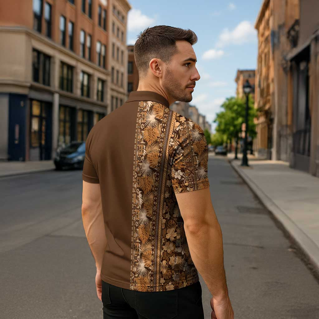 Hawaiian Tribal Elements Hibiscus Zipper Polo Shirt Gold Pattern - Polynesian Pride