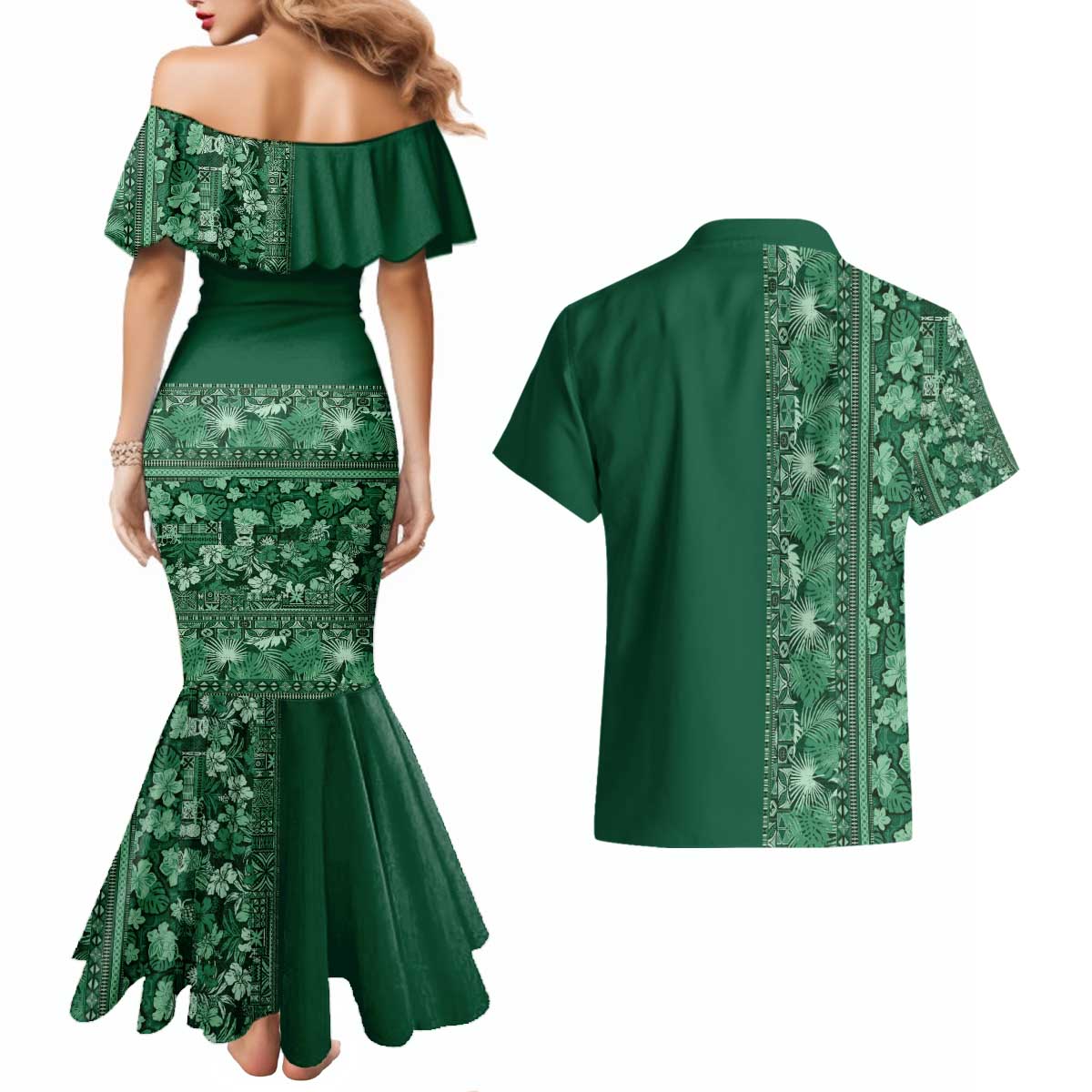 Hawaiian Tribal Elements Hibiscus Couples Matching Mermaid Dress and Hawaiian Shirt Green Pattern LT9 - Polynesian Pride