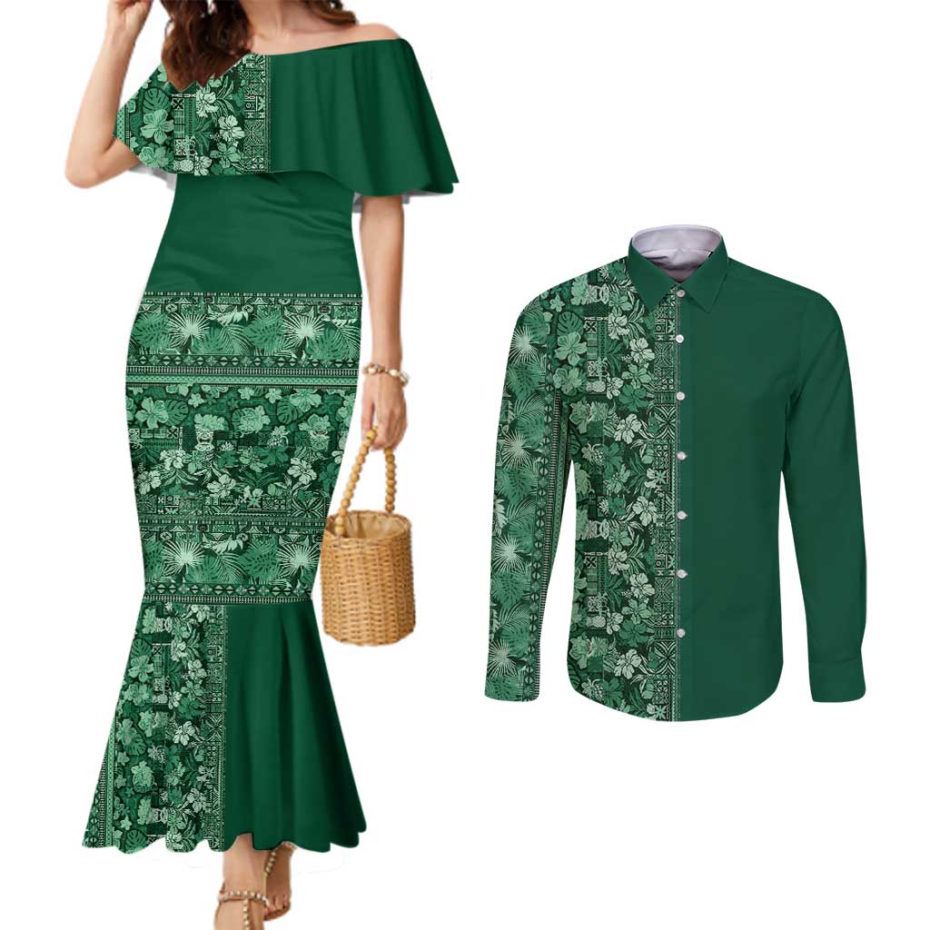 Hawaiian Tribal Elements Hibiscus Couples Matching Mermaid Dress and Long Sleeve Button Shirt Green Pattern - Polynesian Pride