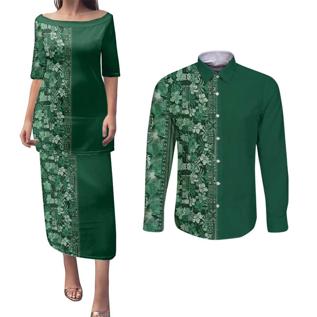 Hawaiian Tribal Elements Hibiscus Couples Matching Puletasi and Long Sleeve Button Shirt Green Pattern - Polynesian Pride