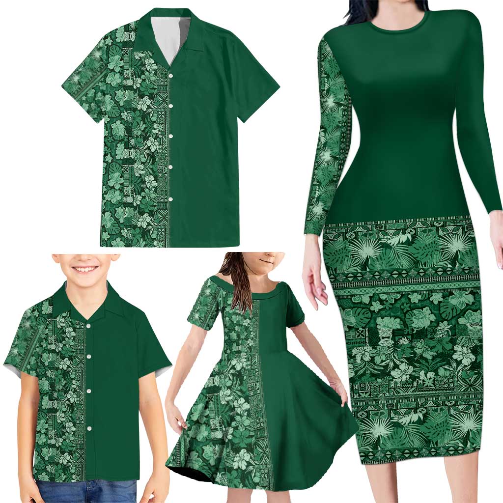 Hawaiian Tribal Elements Hibiscus Family Matching Long Sleeve Bodycon Dress and Hawaiian Shirt Green Pattern LT9 - Polynesian Pride