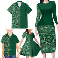 Hawaiian Tribal Elements Hibiscus Family Matching Long Sleeve Bodycon Dress and Hawaiian Shirt Green Pattern LT9 - Polynesian Pride