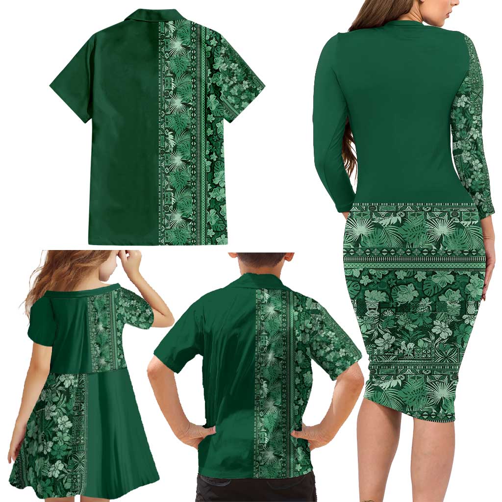 Hawaiian Tribal Elements Hibiscus Family Matching Long Sleeve Bodycon Dress and Hawaiian Shirt Green Pattern LT9 - Polynesian Pride