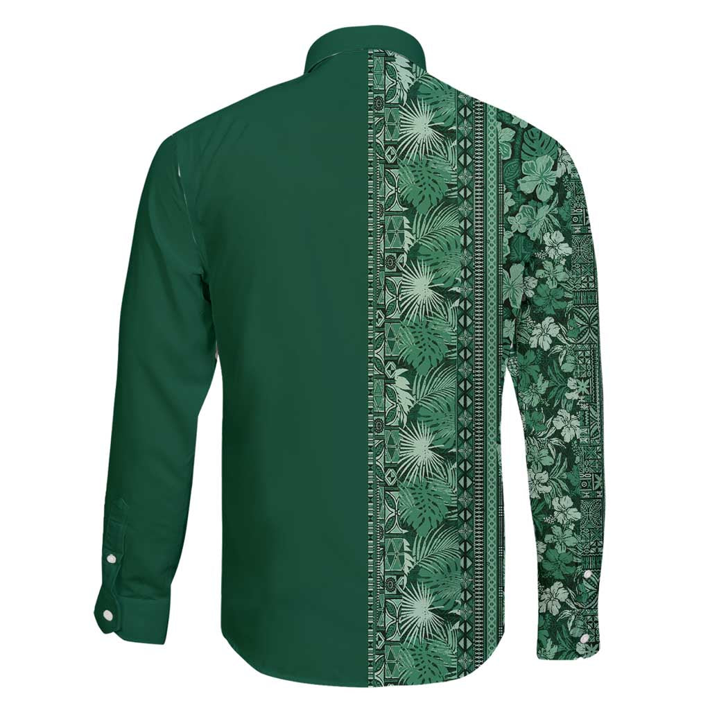 Hawaiian Tribal Elements Hibiscus Family Matching Long Sleeve Bodycon Dress and Hawaiian Shirt Green Pattern LT9 - Polynesian Pride