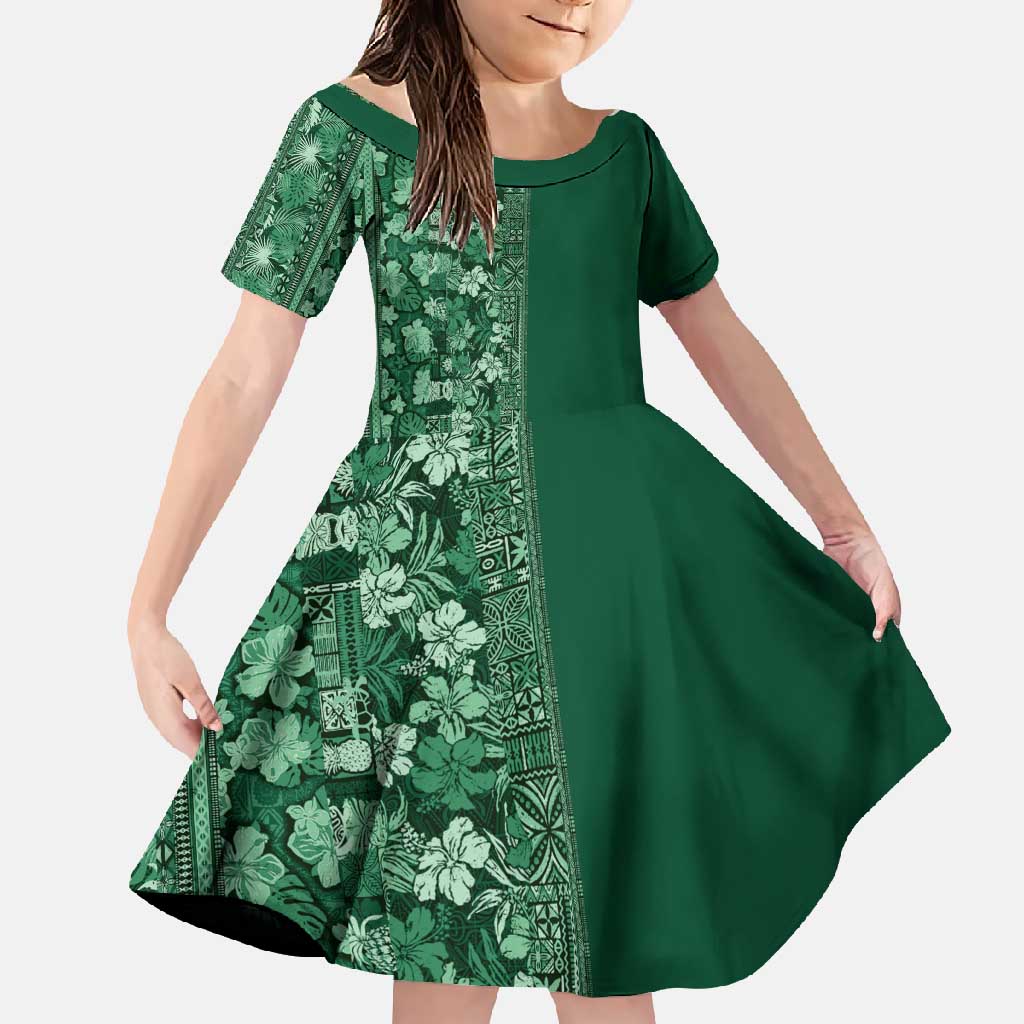 Hawaiian Tribal Elements Hibiscus Family Matching Mermaid Dress and Hawaiian Shirt Green Pattern LT9 Daughter's Dress Green - Polynesian Pride