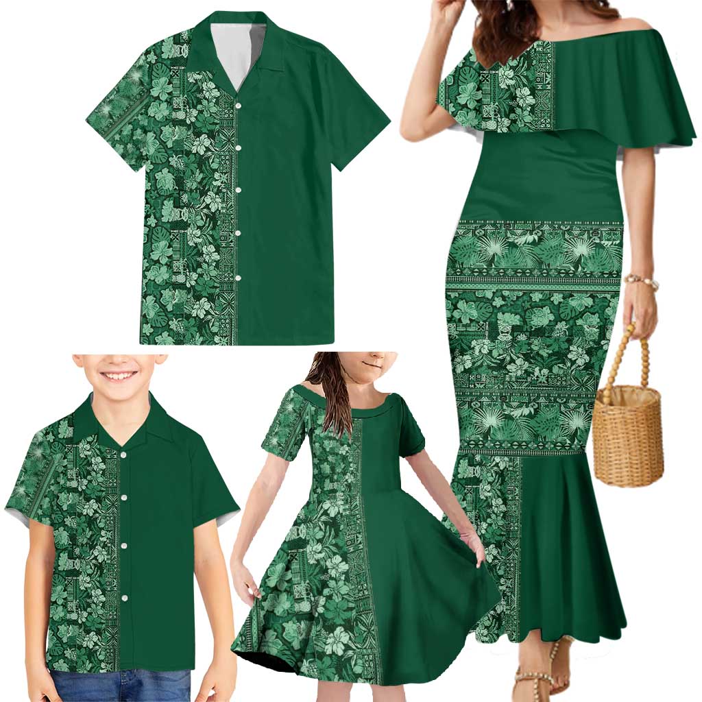 Hawaiian Tribal Elements Hibiscus Family Matching Mermaid Dress and Hawaiian Shirt Green Pattern LT9 - Polynesian Pride