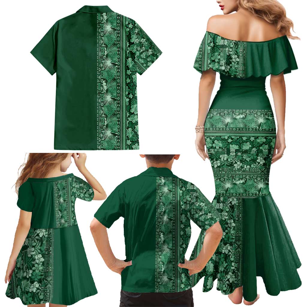 Hawaiian Tribal Elements Hibiscus Family Matching Mermaid Dress and Hawaiian Shirt Green Pattern LT9 - Polynesian Pride
