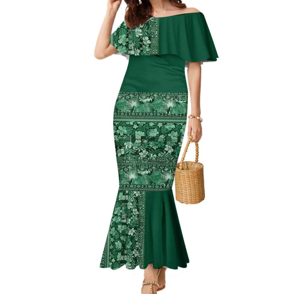Hawaiian Tribal Elements Hibiscus Family Matching Mermaid Dress and Hawaiian Shirt Green Pattern LT9 Mom's Dress Green - Polynesian Pride