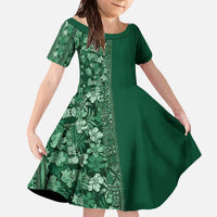 Hawaiian Tribal Elements Hibiscus Family Matching Off The Shoulder Long Sleeve Dress and Hawaiian Shirt Green Pattern LT9 Daughter's Dress Green - Polynesian Pride