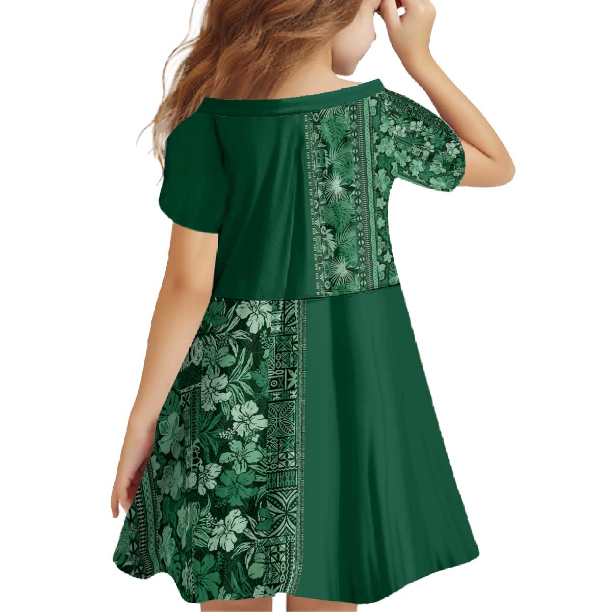 Hawaiian Tribal Elements Hibiscus Family Matching Off The Shoulder Long Sleeve Dress and Hawaiian Shirt Green Pattern LT9 - Polynesian Pride