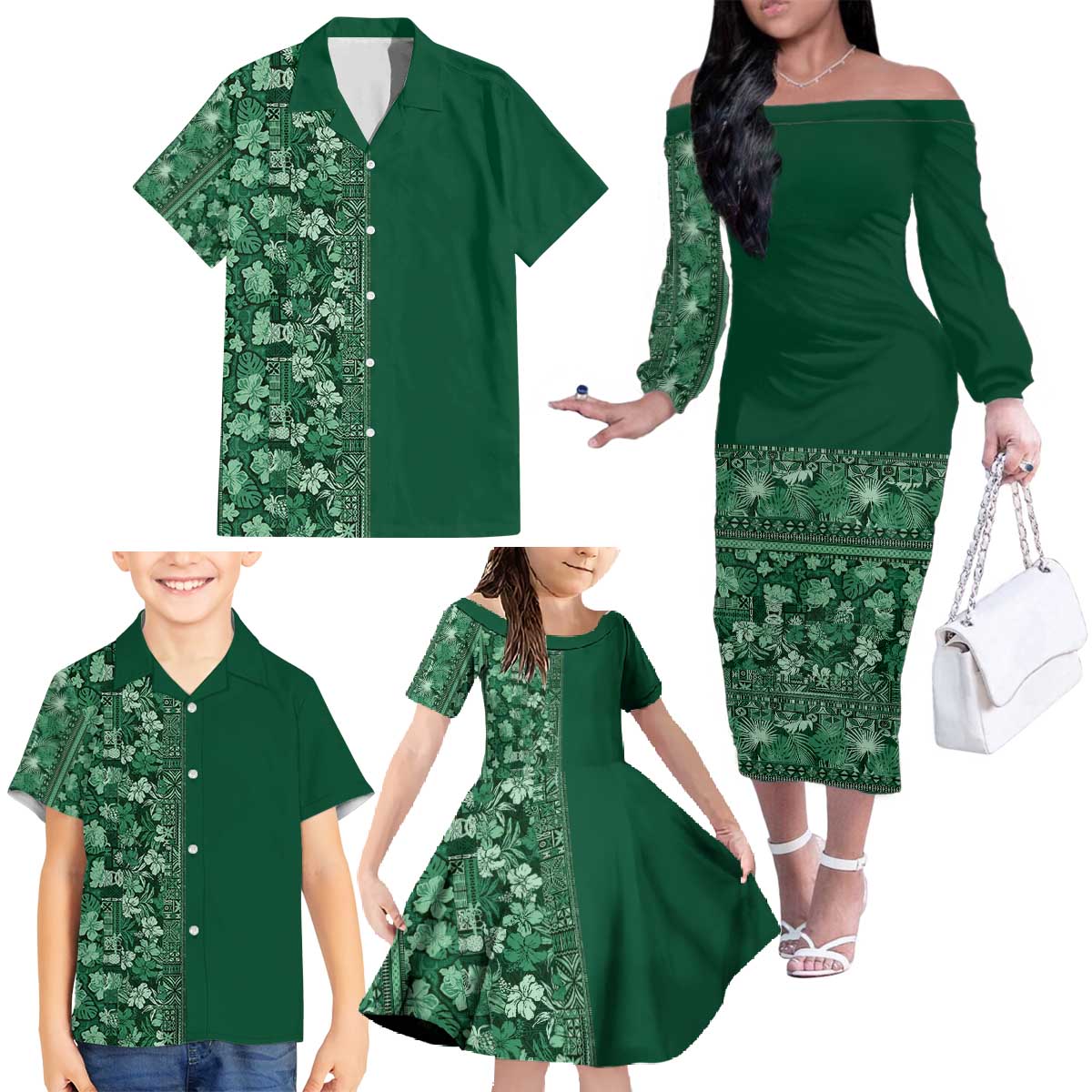 Hawaiian Tribal Elements Hibiscus Family Matching Off The Shoulder Long Sleeve Dress and Hawaiian Shirt Green Pattern LT9 - Polynesian Pride