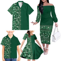 Hawaiian Tribal Elements Hibiscus Family Matching Off The Shoulder Long Sleeve Dress and Hawaiian Shirt Green Pattern LT9 - Polynesian Pride