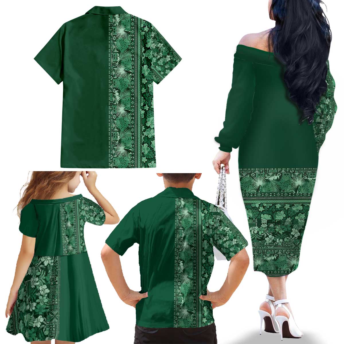 Hawaiian Tribal Elements Hibiscus Family Matching Off The Shoulder Long Sleeve Dress and Hawaiian Shirt Green Pattern LT9 - Polynesian Pride