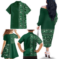 Hawaiian Tribal Elements Hibiscus Family Matching Off The Shoulder Long Sleeve Dress and Hawaiian Shirt Green Pattern LT9 - Polynesian Pride