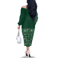 Hawaiian Tribal Elements Hibiscus Family Matching Off The Shoulder Long Sleeve Dress and Hawaiian Shirt Green Pattern LT9 - Polynesian Pride