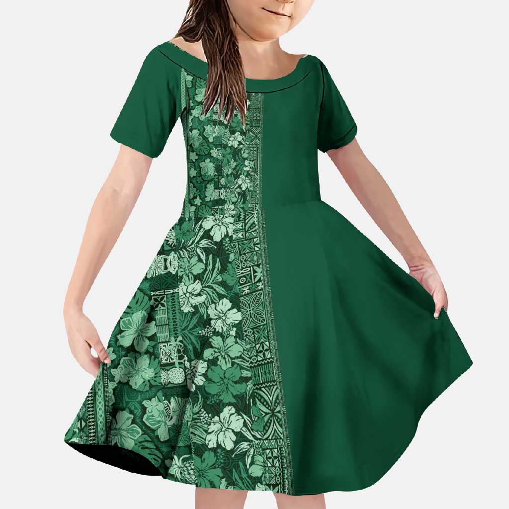 Hawaiian Tribal Elements Hibiscus Family Matching Off Shoulder Maxi Dress and Hawaiian Shirt Green Pattern LT9 Daughter's Dress Green - Polynesian Pride