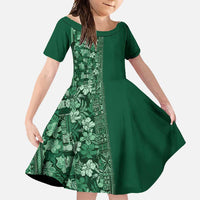 Hawaiian Tribal Elements Hibiscus Family Matching Off Shoulder Maxi Dress and Hawaiian Shirt Green Pattern LT9 Daughter's Dress Green - Polynesian Pride