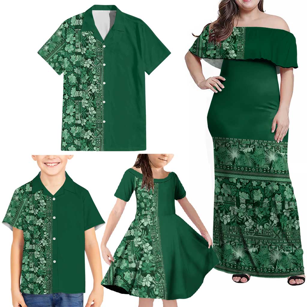 Hawaiian Tribal Elements Hibiscus Family Matching Off Shoulder Maxi Dress and Hawaiian Shirt Green Pattern LT9 - Polynesian Pride