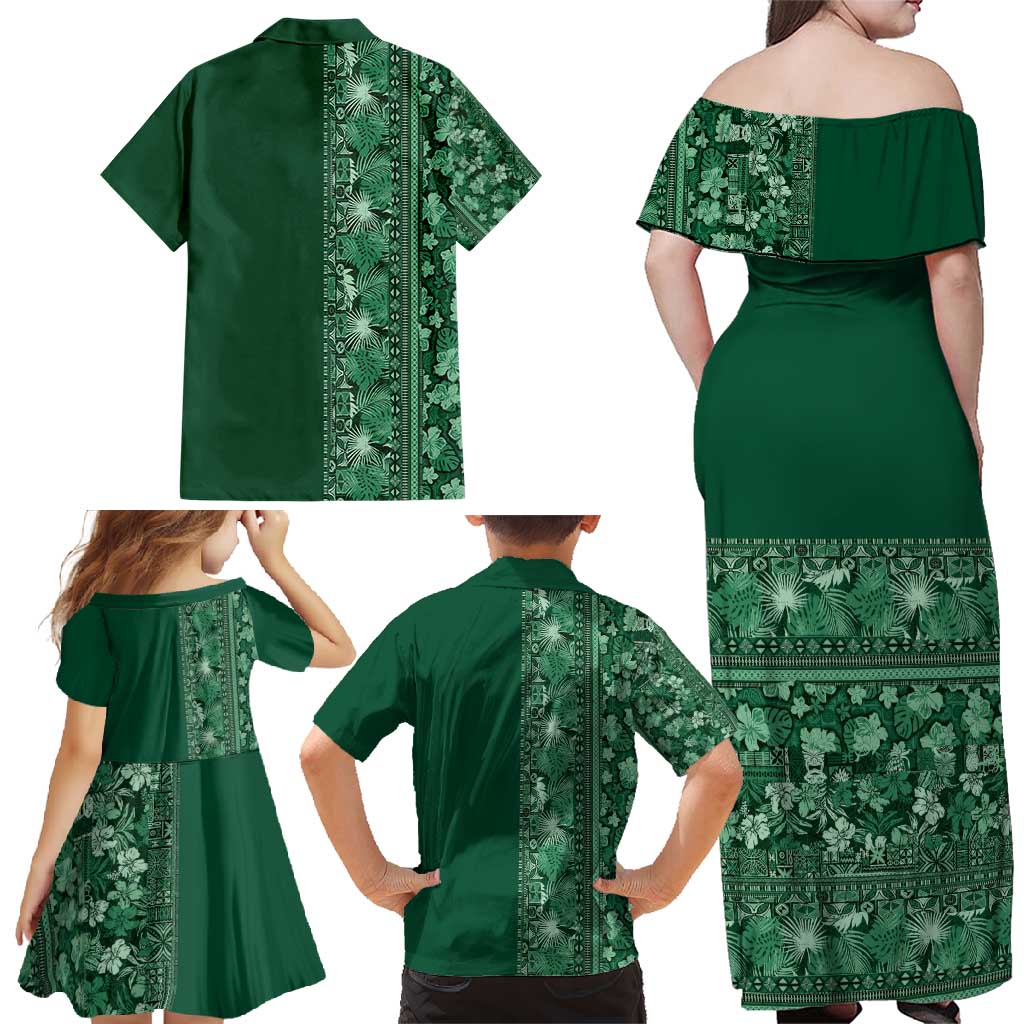Hawaiian Tribal Elements Hibiscus Family Matching Off Shoulder Maxi Dress and Hawaiian Shirt Green Pattern LT9 - Polynesian Pride