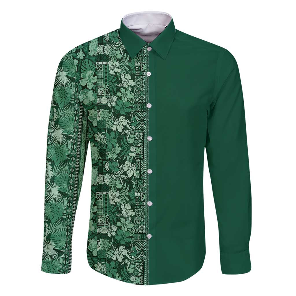 Hawaiian Tribal Elements Hibiscus Family Matching Off Shoulder Maxi Dress and Hawaiian Shirt Green Pattern LT9 Dad's Shirt - Long Sleeve Green - Polynesian Pride