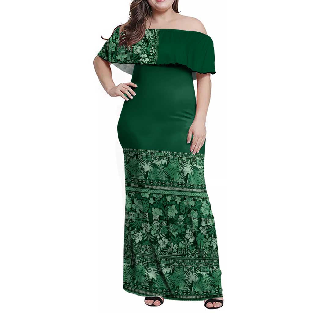 Hawaiian Tribal Elements Hibiscus Family Matching Off Shoulder Maxi Dress and Hawaiian Shirt Green Pattern LT9 Mom's Dress Green - Polynesian Pride