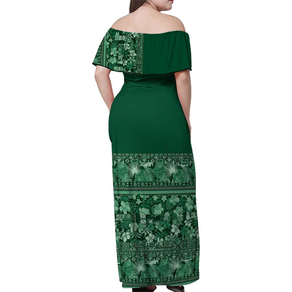 Hawaiian Tribal Elements Hibiscus Family Matching Off Shoulder Maxi Dress and Hawaiian Shirt Green Pattern LT9 - Polynesian Pride