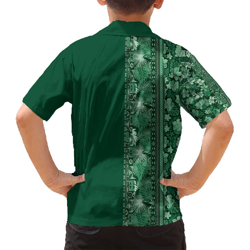 Hawaiian Tribal Elements Hibiscus Family Matching Off Shoulder Short Dress and Hawaiian Shirt Green Pattern LT9 - Polynesian Pride