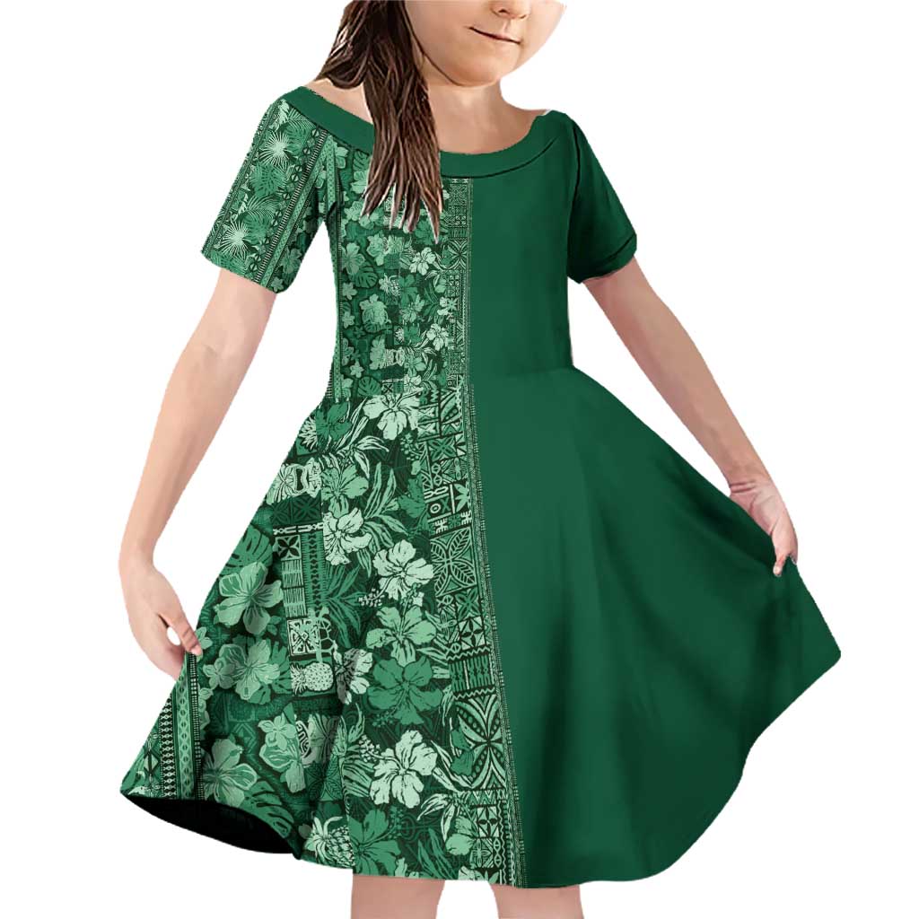 Hawaiian Tribal Elements Hibiscus Family Matching Off Shoulder Short Dress and Hawaiian Shirt Green Pattern LT9 Daughter's Dress Green - Polynesian Pride