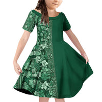 Hawaiian Tribal Elements Hibiscus Family Matching Off Shoulder Short Dress and Hawaiian Shirt Green Pattern LT9 Daughter's Dress Green - Polynesian Pride
