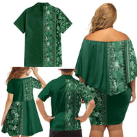Hawaiian Tribal Elements Hibiscus Family Matching Off Shoulder Short Dress and Hawaiian Shirt Green Pattern LT9 - Polynesian Pride