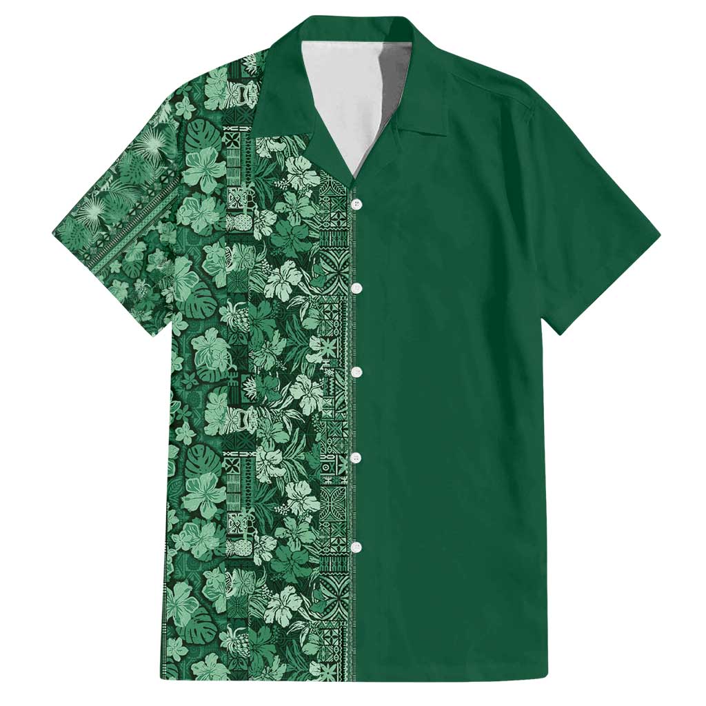 Hawaiian Tribal Elements Hibiscus Family Matching Off Shoulder Short Dress and Hawaiian Shirt Green Pattern LT9 Dad's Shirt - Short Sleeve Green - Polynesian Pride
