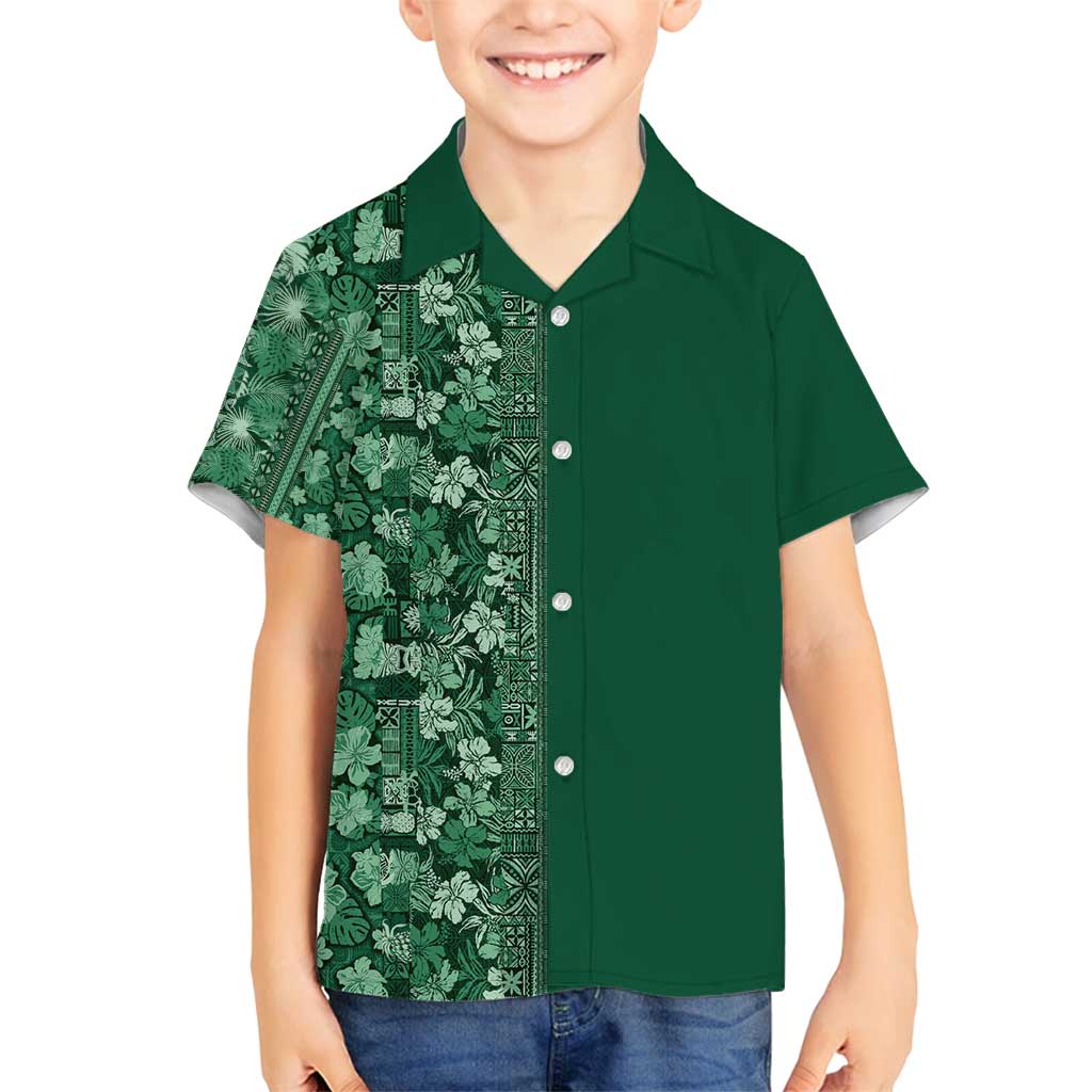 Hawaiian Tribal Elements Hibiscus Family Matching Off Shoulder Short Dress and Hawaiian Shirt Green Pattern LT9 Son's Shirt Green - Polynesian Pride