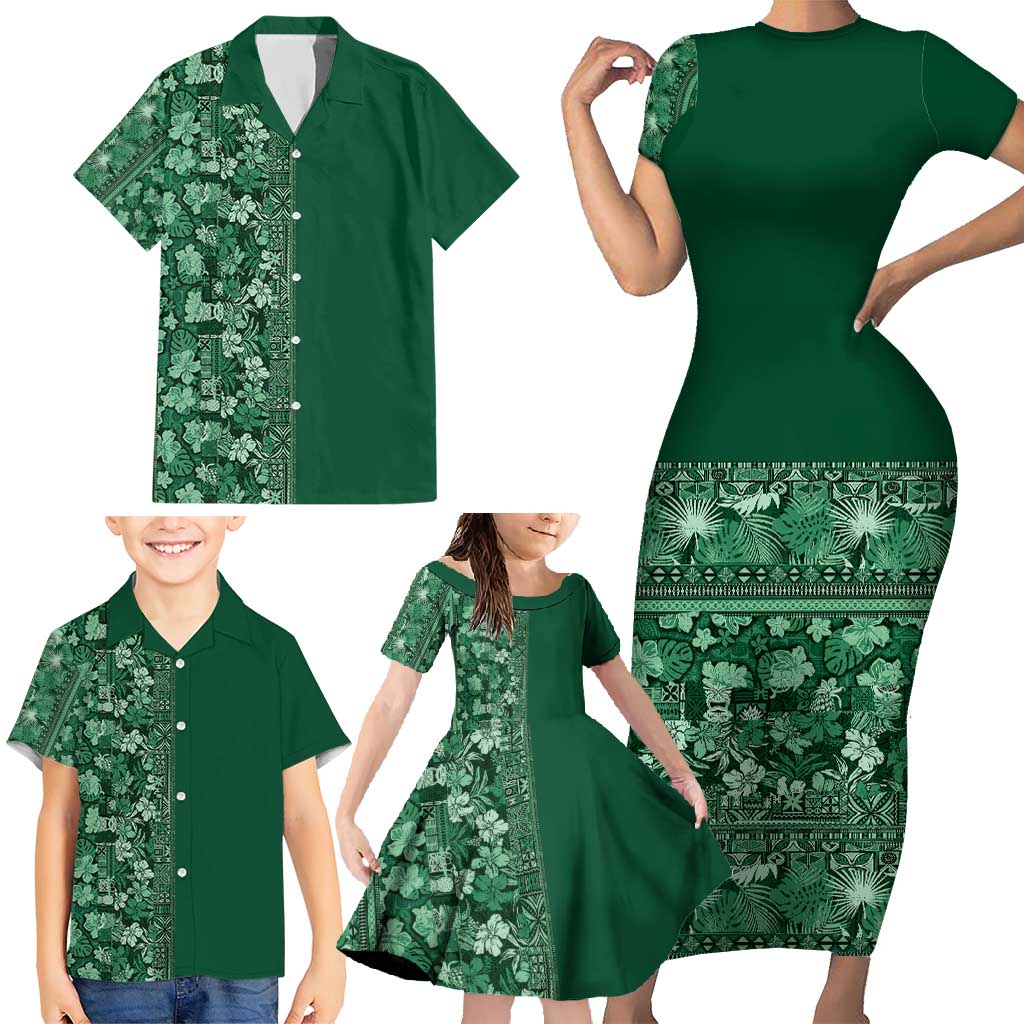 Hawaiian Tribal Elements Hibiscus Family Matching Short Sleeve Bodycon Dress and Hawaiian Shirt Green Pattern LT9 - Polynesian Pride