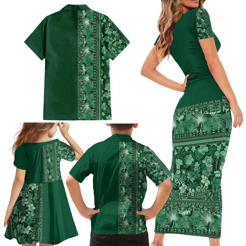 Hawaiian Tribal Elements Hibiscus Family Matching Short Sleeve Bodycon Dress and Hawaiian Shirt Green Pattern LT9 - Polynesian Pride