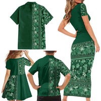 Hawaiian Tribal Elements Hibiscus Family Matching Short Sleeve Bodycon Dress and Hawaiian Shirt Green Pattern LT9 - Polynesian Pride