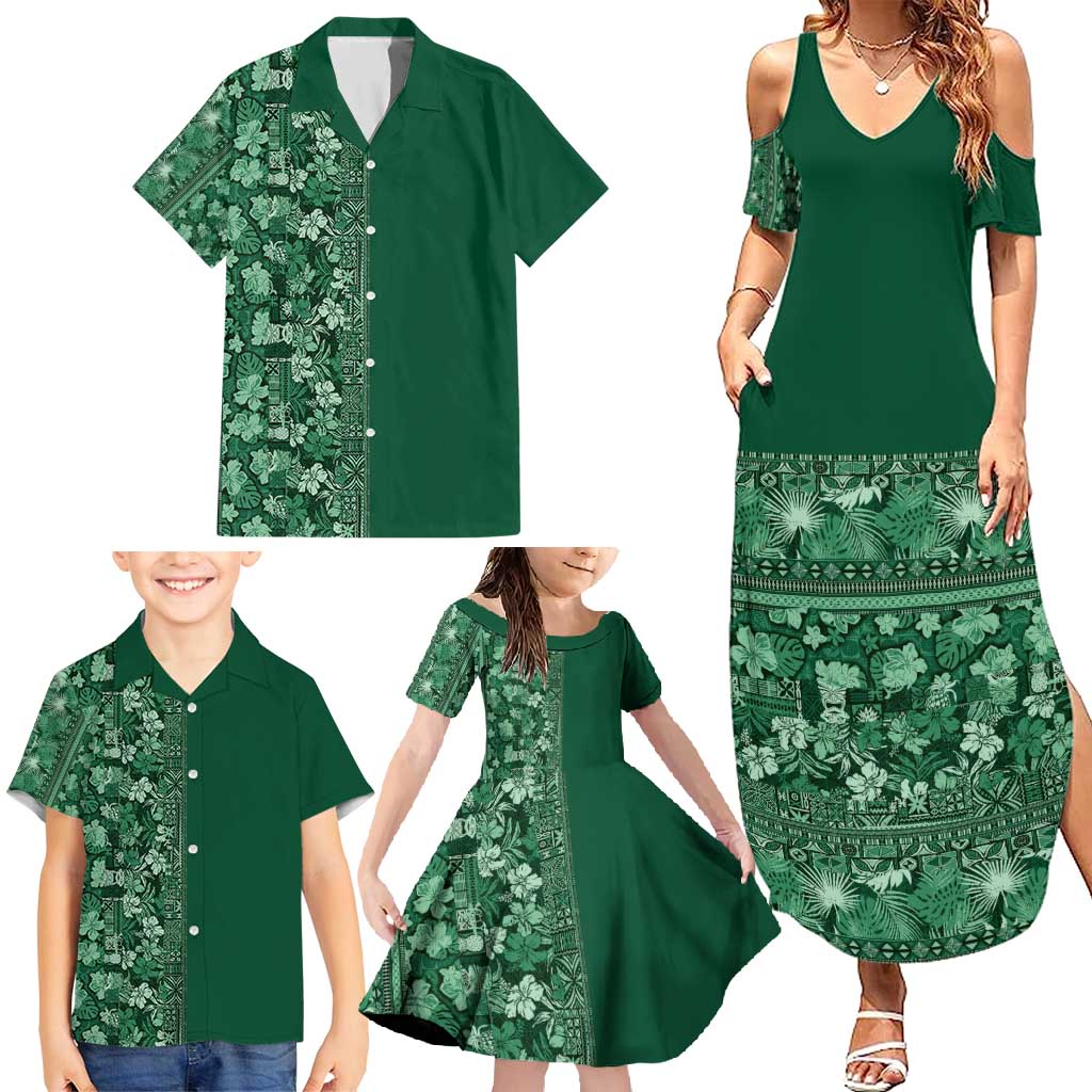 Hawaiian Tribal Elements Hibiscus Family Matching Summer Maxi Dress and Hawaiian Shirt Green Pattern LT9 - Polynesian Pride
