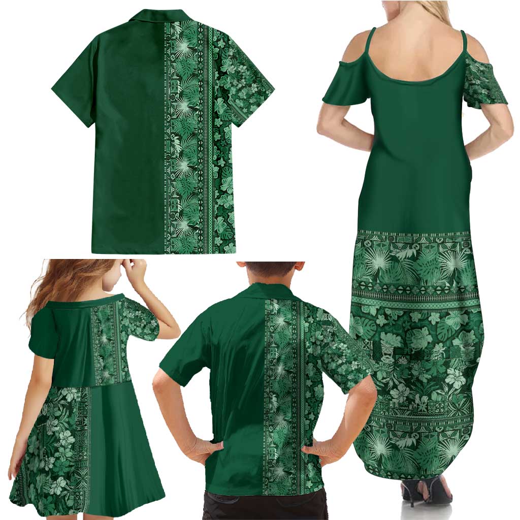 Hawaiian Tribal Elements Hibiscus Family Matching Summer Maxi Dress and Hawaiian Shirt Green Pattern LT9 - Polynesian Pride