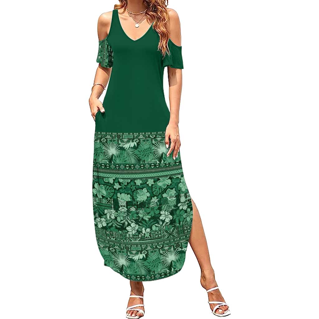 Hawaiian Tribal Elements Hibiscus Family Matching Summer Maxi Dress and Hawaiian Shirt Green Pattern LT9 Mom's Dress Green - Polynesian Pride