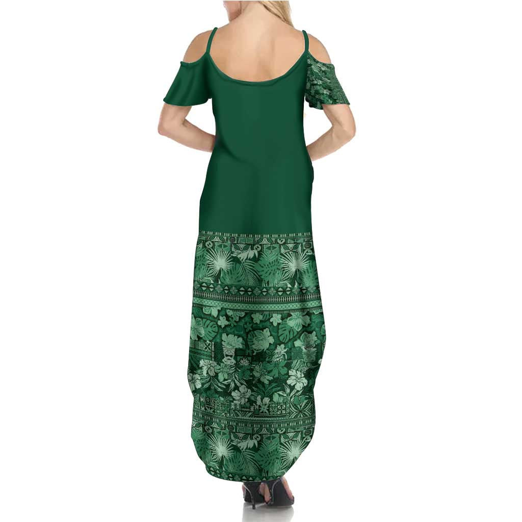 Hawaiian Tribal Elements Hibiscus Family Matching Summer Maxi Dress and Hawaiian Shirt Green Pattern LT9 - Polynesian Pride