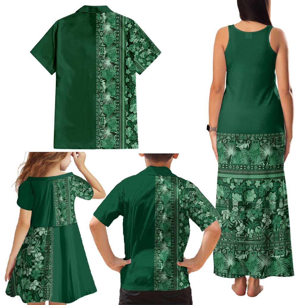 Hawaiian Tribal Elements Hibiscus Family Matching Tank Maxi Dress and Hawaiian Shirt Green Pattern LT9 - Polynesian Pride