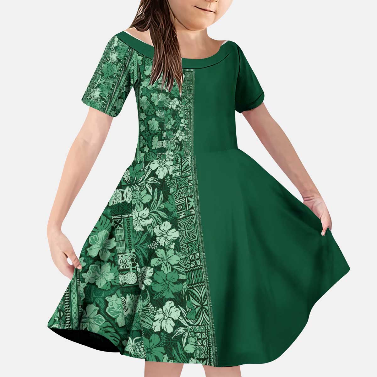 Hawaiian Tribal Elements Hibiscus Kid Short Sleeve Dress Green Pattern - Polynesian Pride