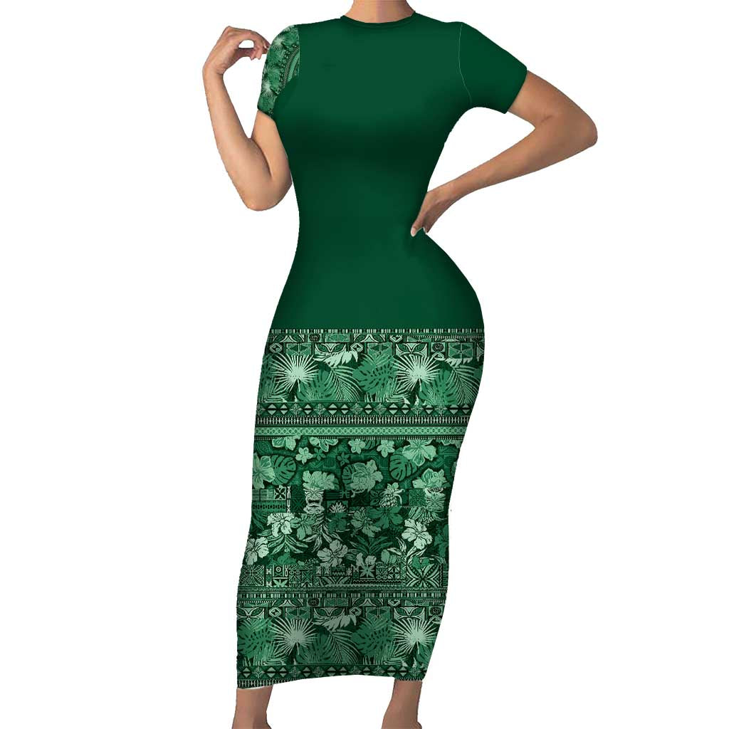 Hawaiian Tribal Elements Hibiscus Short Sleeve Bodycon Dress Green Pattern LT9 Long Dress Green - Polynesian Pride
