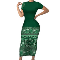 Hawaiian Tribal Elements Hibiscus Short Sleeve Bodycon Dress Green Pattern LT9 Long Dress Green - Polynesian Pride