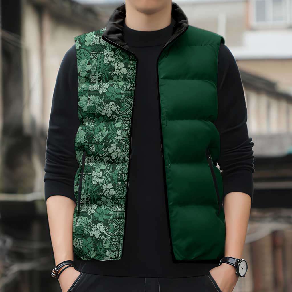 Hawaiian Tribal Elements Hibiscus Sleeveless Puffer Jacket Green Pattern - Polynesian Pride