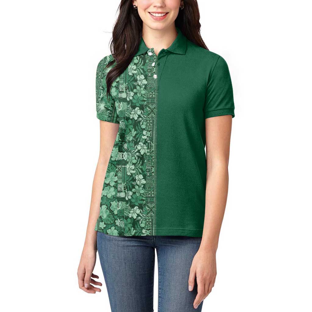Hawaiian Tribal Elements Hibiscus Women Polo Shirt Green Pattern - Polynesian Pride
