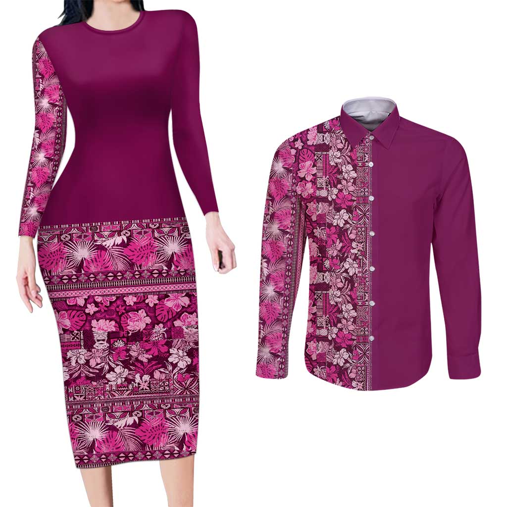 Hawaiian Tribal Elements Hibiscus Couples Matching Long Sleeve Bodycon Dress and Long Sleeve Button Shirt Pink Pattern LT9 Pink - Polynesian Pride