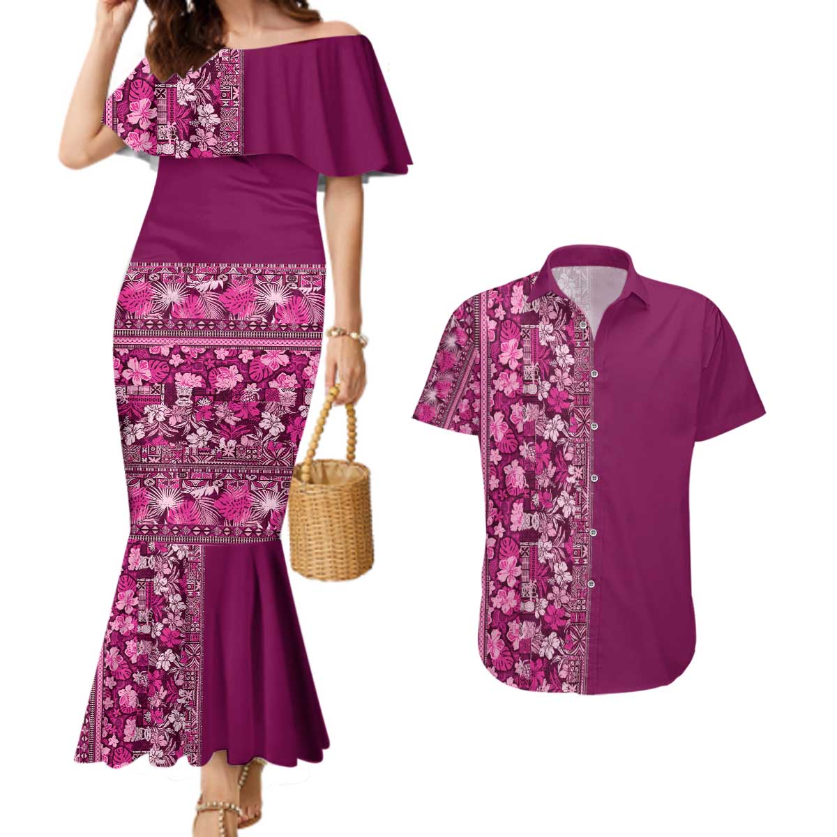 Hawaiian Tribal Elements Hibiscus Couples Matching Mermaid Dress and Hawaiian Shirt Pink Pattern LT9 Pink - Polynesian Pride